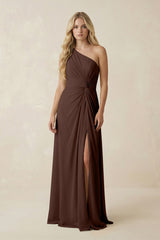 One - Shoulder Ruched A - Line Chiffon Bridesmaid Dress in Espresso - KISS BRIDAL Bridesmaid Dresses