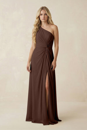 One - Shoulder Ruched A - Line Chiffon Bridesmaid Dress in Espresso - SHE IS ME Bridesmaid Dresses