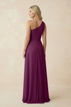 One - Shoulder Ruched A - Line Chiffon Bridesmaid Dress in Fig - SHE IS ME Bridesmaid Dresses