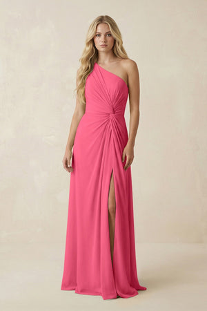 One - Shoulder Ruched A - Line Chiffon Bridesmaid Dress in Fuchsia - SHE IS ME Bridesmaid Dresses