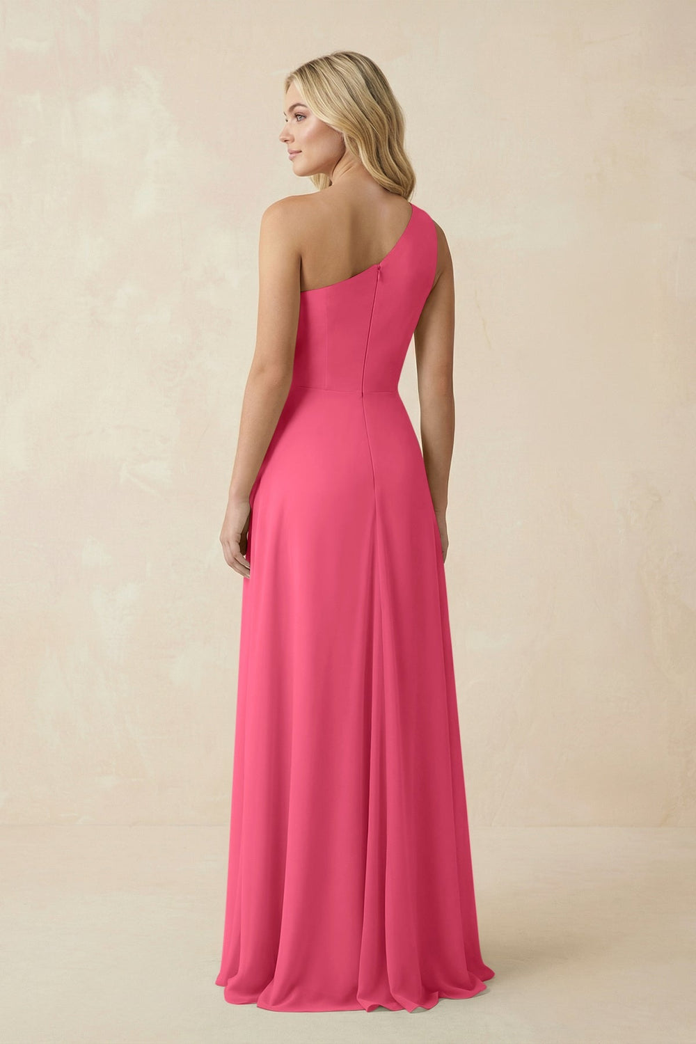 One - Shoulder Ruched A - Line Chiffon Bridesmaid Dress in Fuchsia - SHE IS ME Bridesmaid Dresses