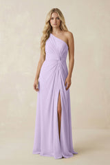 One - Shoulder Ruched A - Line Chiffon Bridesmaid Dress in Lavender - KISS BRIDAL Bridesmaid Dresses