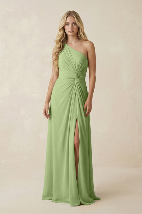 One - Shoulder Ruched A - Line Chiffon Bridesmaid Dress in Matcha - SHE IS ME Bridesmaid Dresses