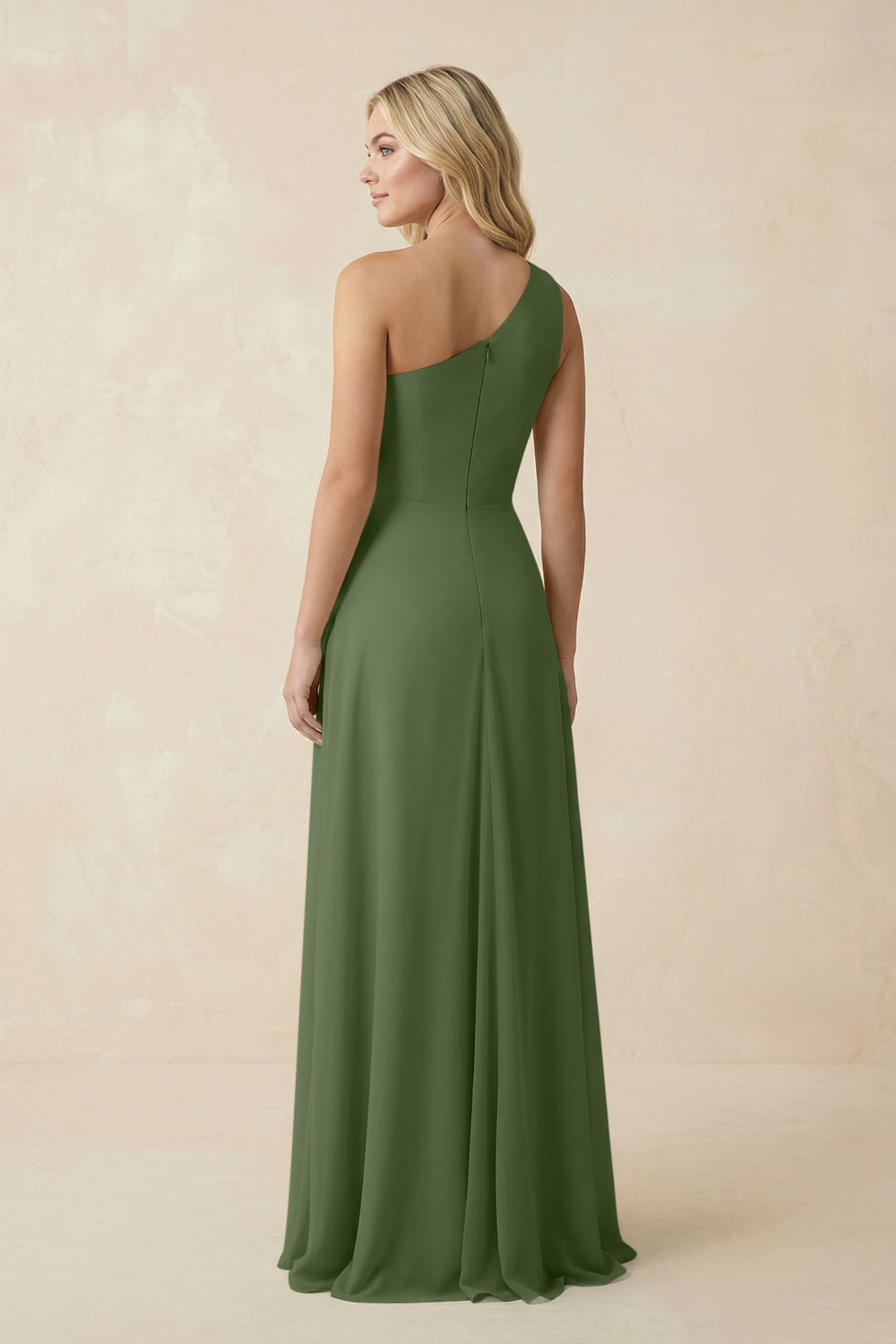 One-Shoulder Ruched A-Line Chiffon Bridesmaid Dress in Moss