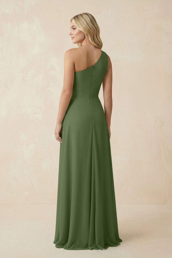 One-Shoulder Ruched A-Line Chiffon Bridesmaid Dress in Moss (2) | KISSBRIDAL
