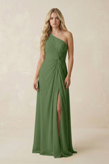 One - Shoulder Ruched A - Line Chiffon Bridesmaid Dress in Moss - KISS BRIDAL Bridesmaid Dresses