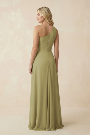 One-Shoulder Ruched A-Line Chiffon Bridesmaid Dress in Moss Green (2) | KISSBRIDAL