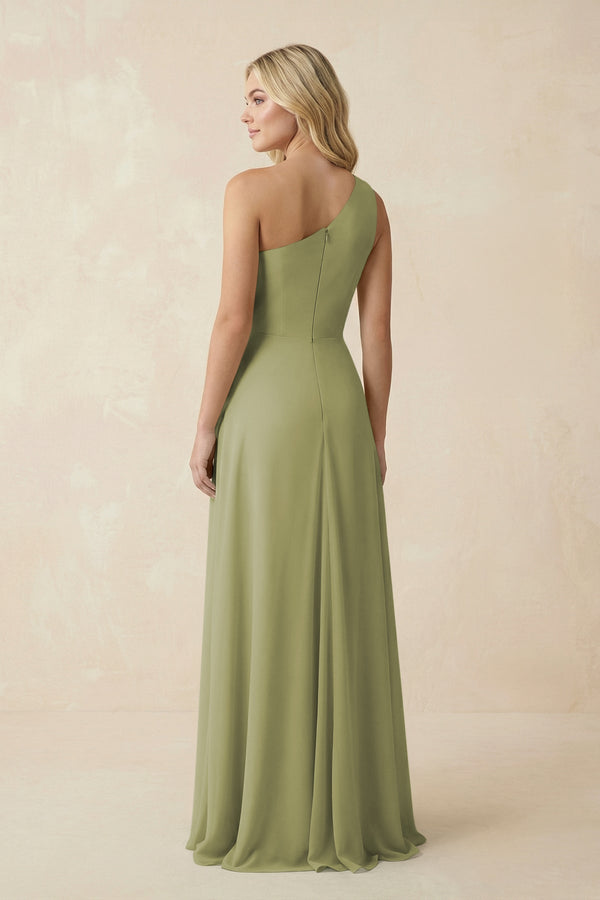 One - Shoulder Ruched A - Line Chiffon Bridesmaid Dress in Moss Green - SHE IS ME Bridesmaid Dresses