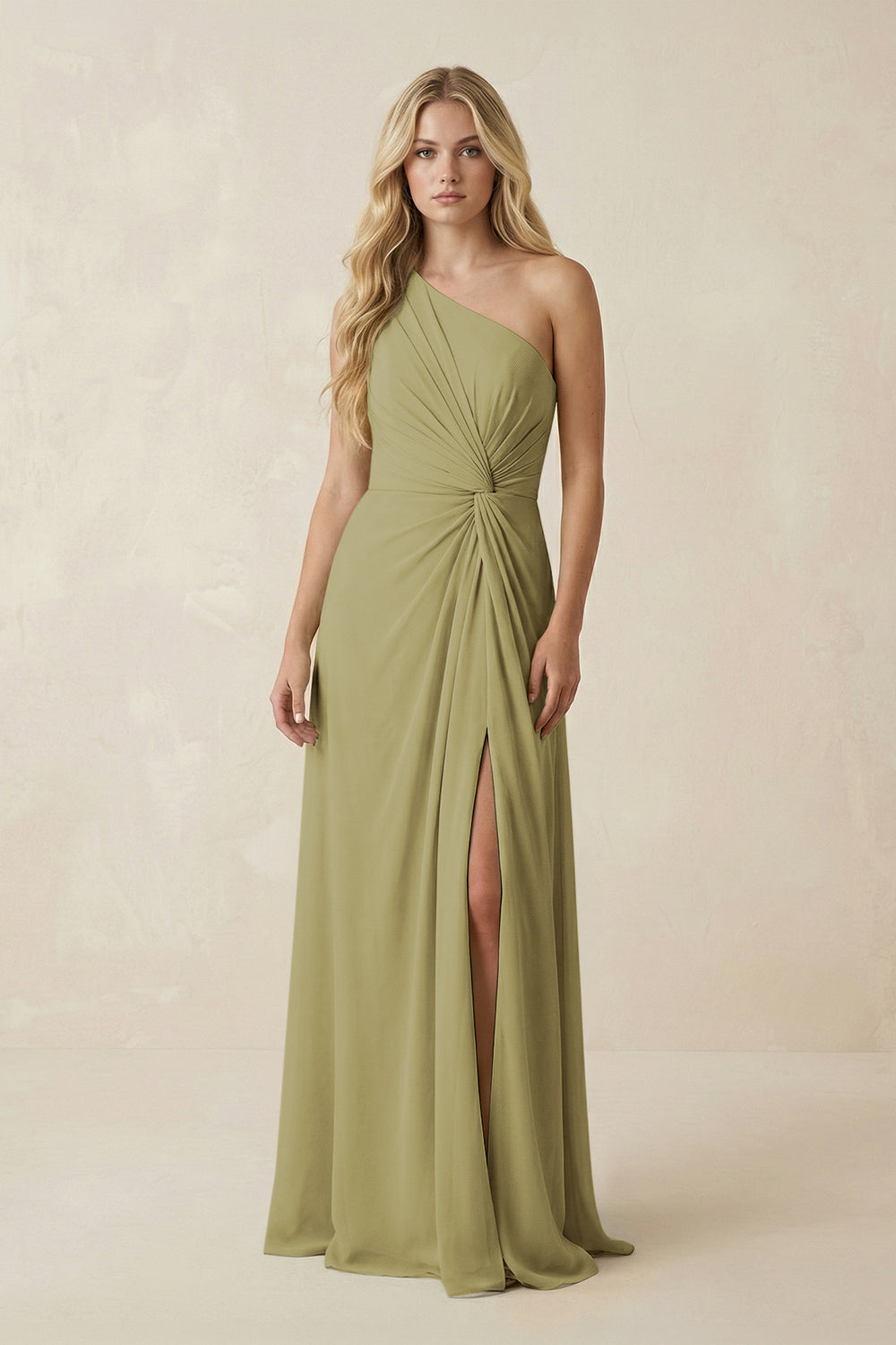 One-Shoulder Ruched A-Line Chiffon Bridesmaid Dress in Moss Green
