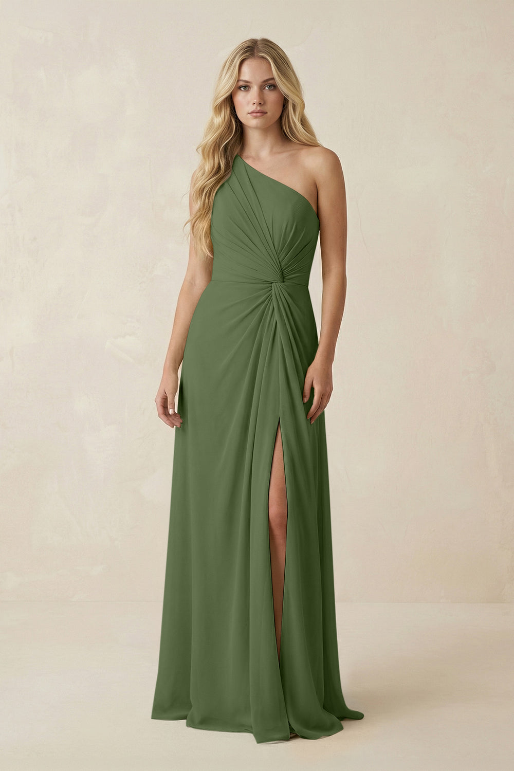 One-Shoulder Ruched A-Line Chiffon Bridesmaid Dress in Moss