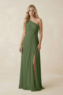 One-Shoulder Ruched A-Line Chiffon Bridesmaid Dress in Moss | KISSBRIDAL