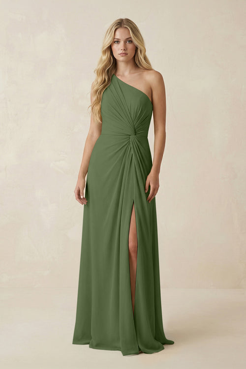 One-Shoulder Ruched A-Line Chiffon Bridesmaid Dress in Moss | KISSBRIDAL