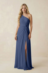 One - Shoulder Ruched A - Line Chiffon Bridesmaid Dress in Navy - KISS BRIDAL Bridesmaid Dresses