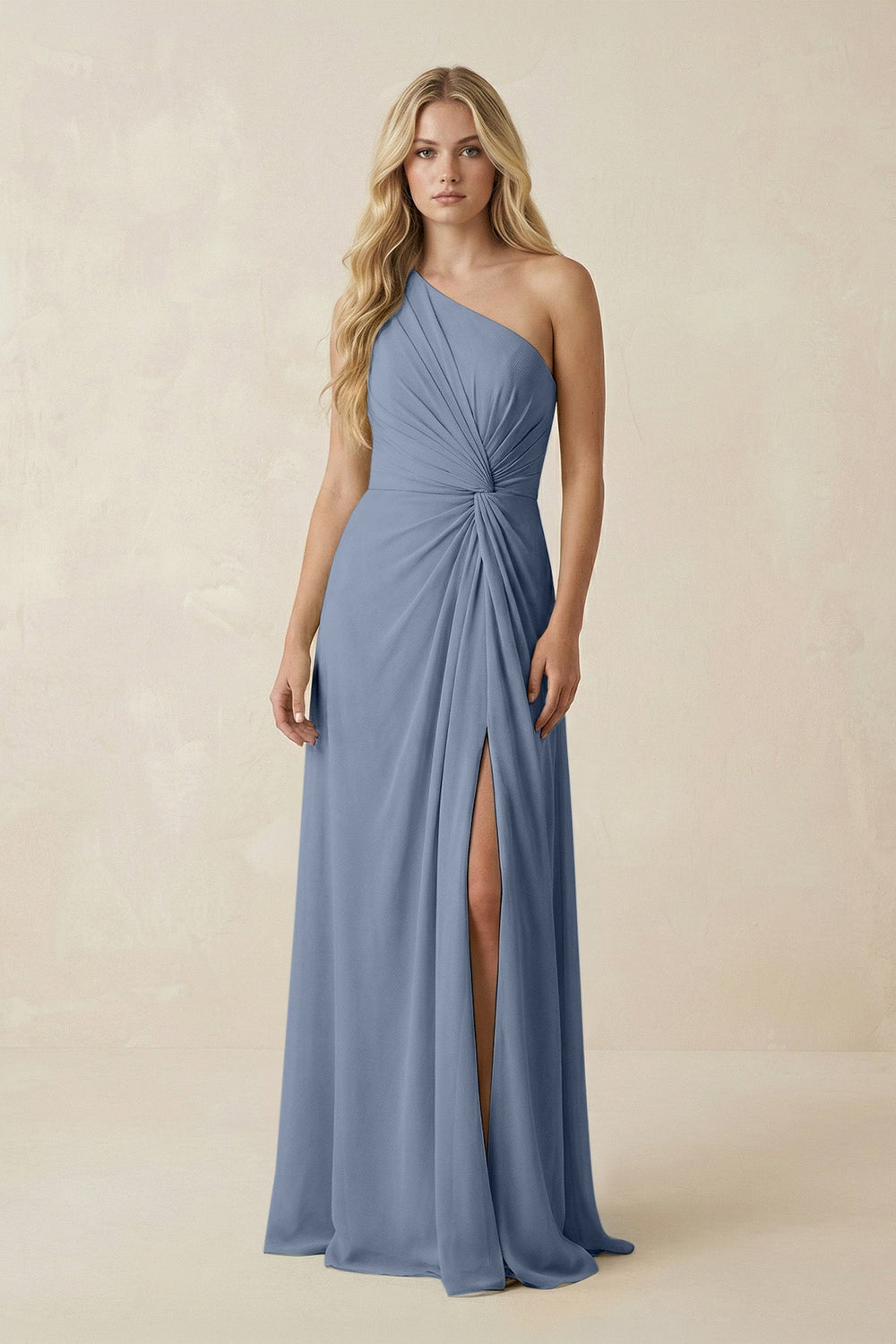 One - Shoulder Ruched A - Line Chiffon Bridesmaid Dress in Neptune - SHE IS ME Bridesmaid Dresses