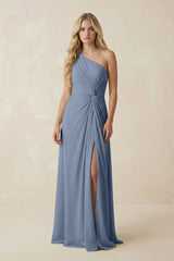 One - Shoulder Ruched A - Line Chiffon Bridesmaid Dress in Neptune - KISS BRIDAL Bridesmaid Dresses