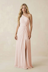 One - Shoulder Ruched A - Line Chiffon Bridesmaid Dress in Pale Blush - KISS BRIDAL Bridesmaid Dresses