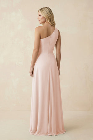 One - Shoulder Ruched A - Line Chiffon Bridesmaid Dress in Pale Blush - SHE IS ME Bridesmaid Dresses
