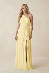One - Shoulder Ruched A - Line Chiffon Bridesmaid Dress in Pastel Yellow - KISS BRIDAL Bridesmaid Dresses