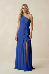 One - Shoulder Ruched A - Line Chiffon Bridesmaid Dress in Royal Blue - KISS BRIDAL Bridesmaid Dresses