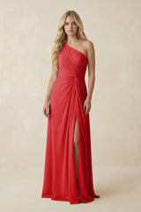 One - Shoulder Ruched A - Line Chiffon Bridesmaid Dress in Ruby Red - KISS BRIDAL Bridesmaid Dresses