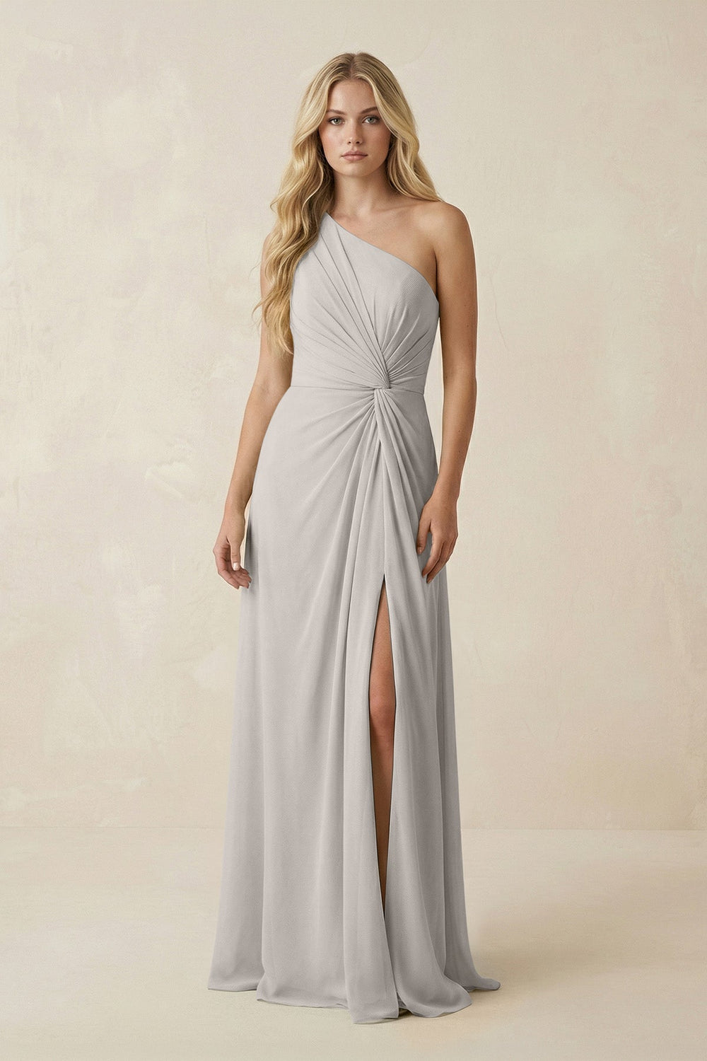 One - Shoulder Ruched A - Line Chiffon Bridesmaid Dress in Silver - SHE IS ME Bridesmaid Dresses