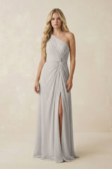 One - Shoulder Ruched A - Line Chiffon Bridesmaid Dress in Silver - KISS BRIDAL Bridesmaid Dresses