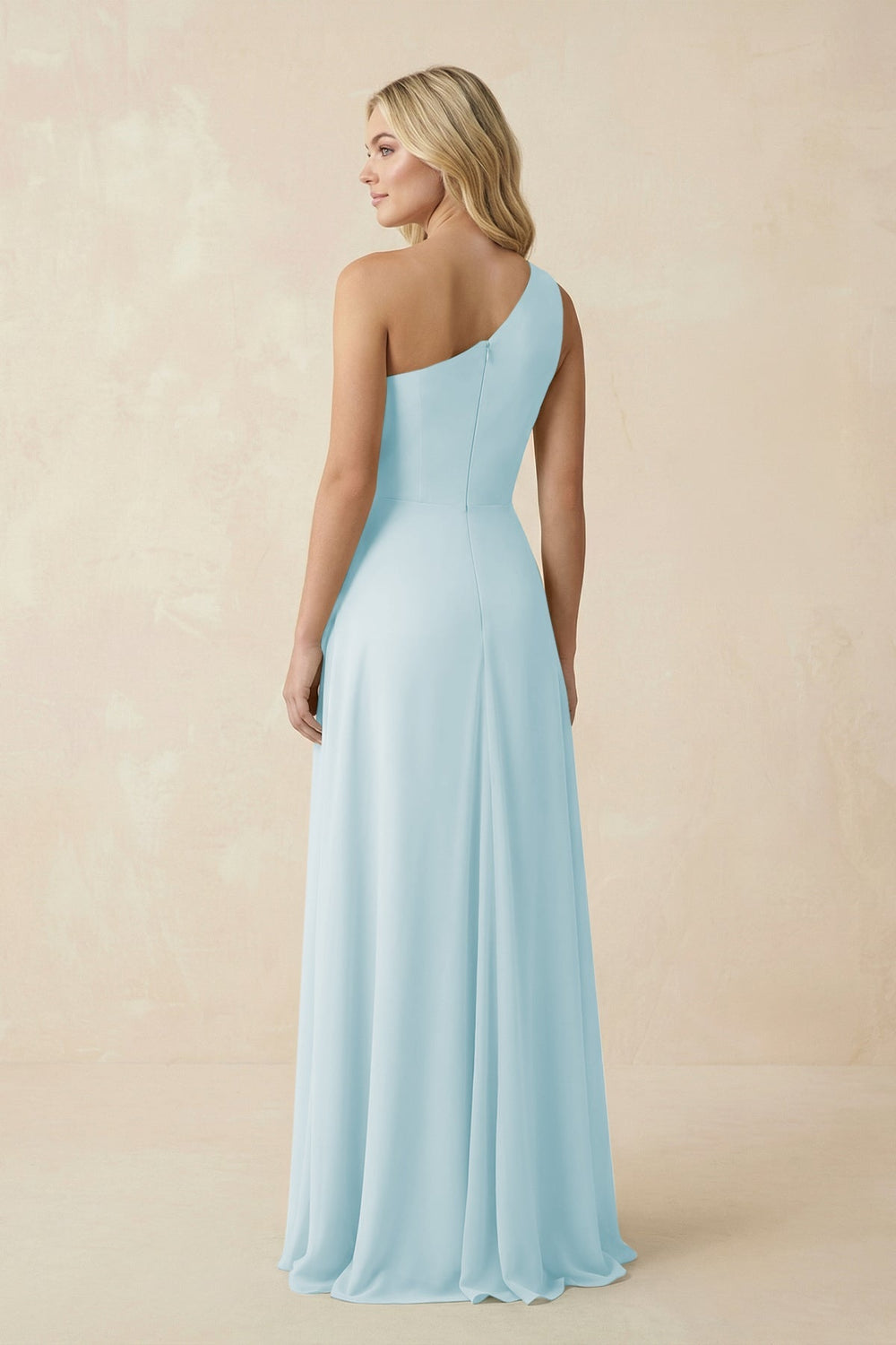 One - Shoulder Ruched A - Line Chiffon Bridesmaid Dress in Sky Blue - SHE IS ME Bridesmaid Dresses