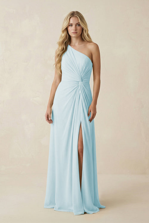 One - Shoulder Ruched A - Line Chiffon Bridesmaid Dress in Sky Blue - SHE IS ME Bridesmaid Dresses