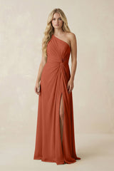 One - Shoulder Ruched A - Line Chiffon Bridesmaid Dress in Spice - KISS BRIDAL Bridesmaid Dresses