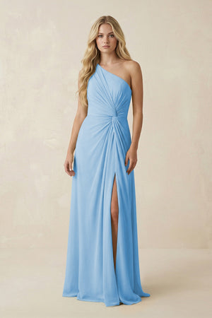 One - Shoulder Ruched A - Line Chiffon Bridesmaid Dress in Steel Blue - SHE IS ME Bridesmaid Dresses