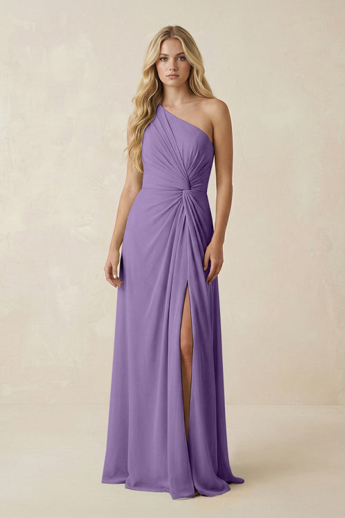 One - Shoulder Ruched A - Line Chiffon Bridesmaid Dress in Tahiti - SHE IS ME Bridesmaid Dresses