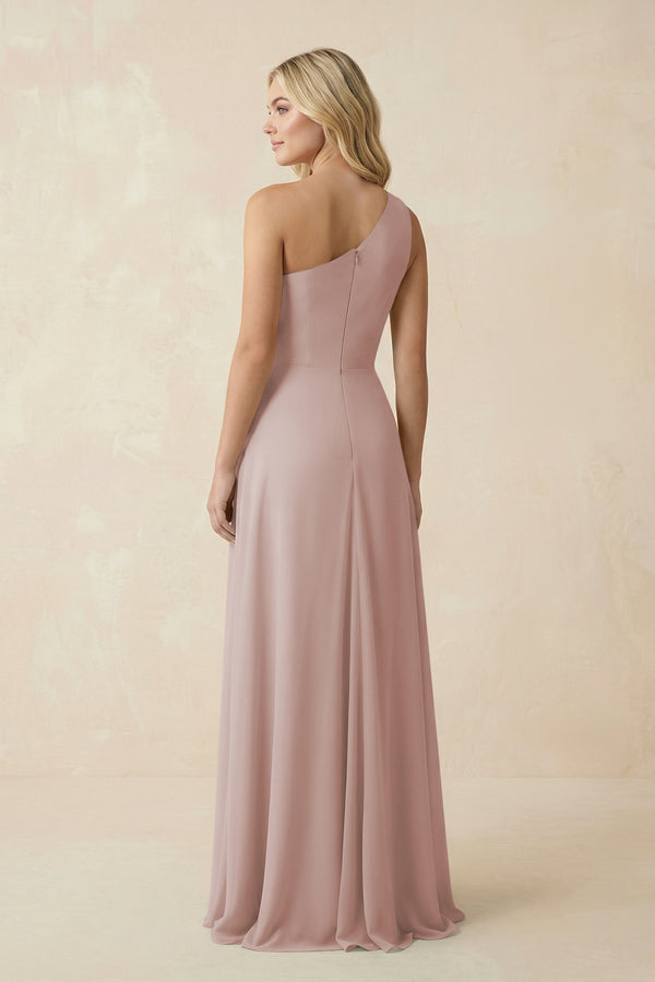 One-Shoulder Ruched A-Line Chiffon Bridesmaid Dress in Toffee (2) | KISSBRIDAL