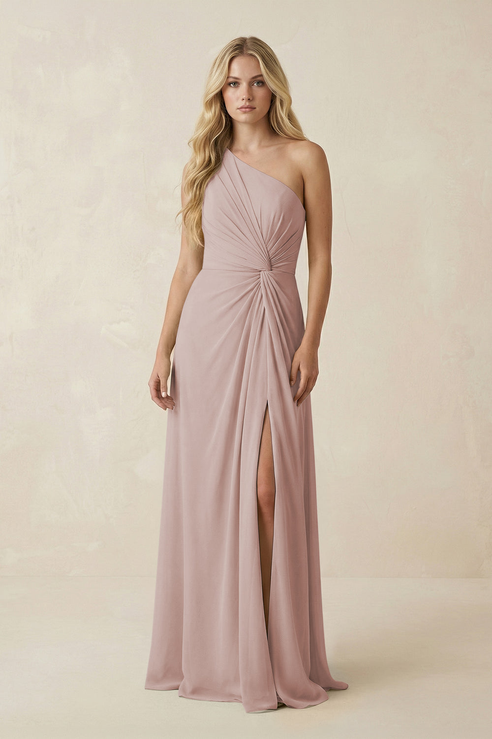 One-Shoulder Ruched A-Line Chiffon Bridesmaid Dress in Toffee