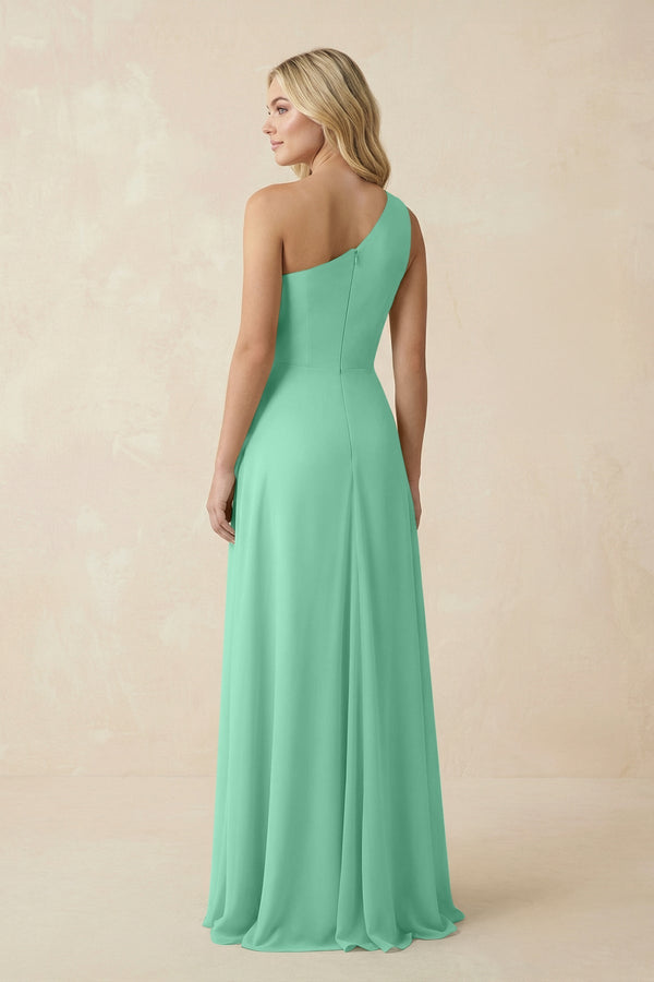 One - Shoulder Ruched A - Line Chiffon Bridesmaid Dress in Turquoise - SHE IS ME Bridesmaid Dresses