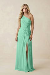 One - Shoulder Ruched A - Line Chiffon Bridesmaid Dress in Turquoise - KISS BRIDAL Bridesmaid Dresses