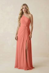 One - Shoulder Ruched A - Line Chiffon Bridesmaid Dress in Wild Rose - KISS BRIDAL Bridesmaid Dresses
