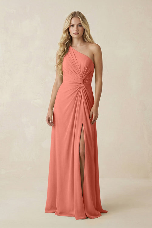 One - Shoulder Ruched A - Line Chiffon Bridesmaid Dress in Wild Rose - SHE IS ME Bridesmaid Dresses