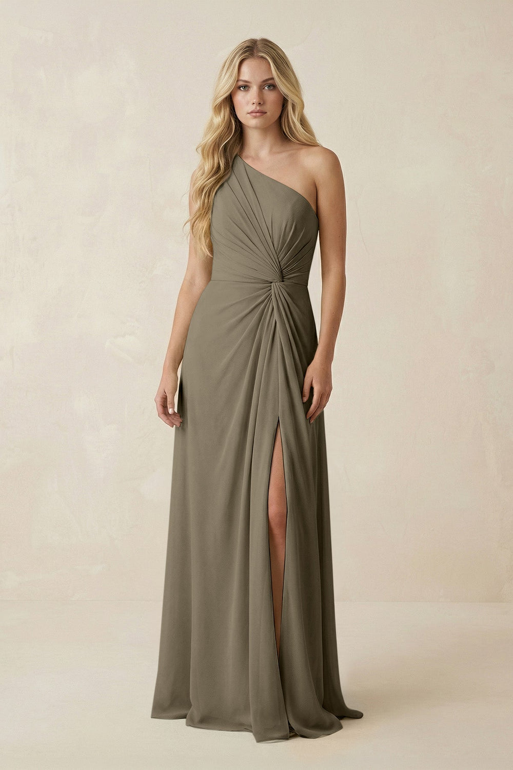 One - Shoulder Ruched A - Line Chiffon Bridesmaid Dress in Willow Green - SHE IS ME Bridesmaid Dresses