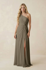 One - Shoulder Ruched A - Line Chiffon Bridesmaid Dress in Willow Green - KISS BRIDAL Bridesmaid Dresses
