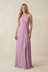 One - Shoulder Ruched A - Line Chiffon Bridesmaid Dress in Wisteria - KISS BRIDAL Bridesmaid Dresses