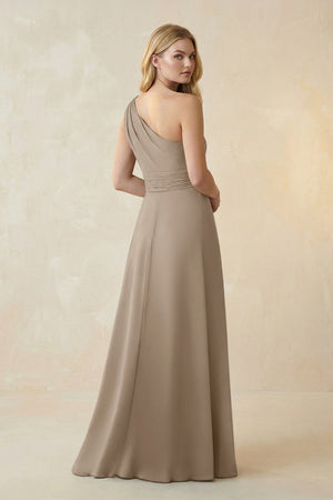 One - Shoulder Ruched A - Line Satin Bridesmaid Dress in Almond - KISS BRIDAL Bridesmaid Dresses