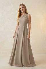 One - Shoulder Ruched A - Line Satin Bridesmaid Dress in Almond - KISS BRIDAL Bridesmaid Dresses