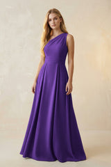One - Shoulder Ruched A - Line Satin Bridesmaid Dress in Amethyst - KISS BRIDAL Bridesmaid Dresses