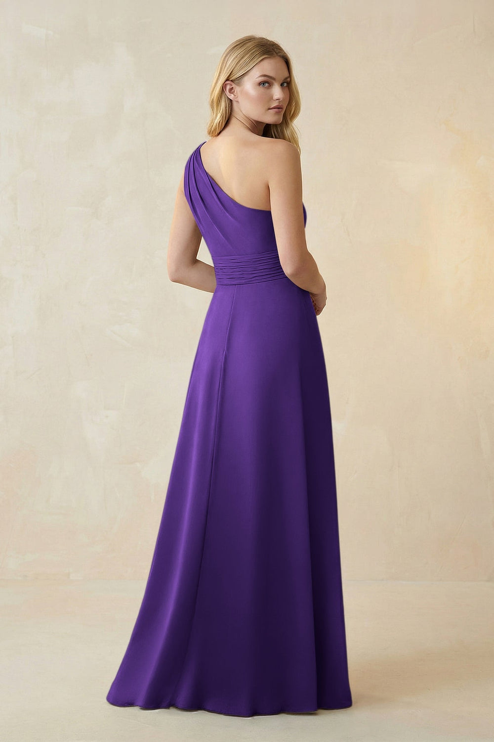 One - Shoulder Ruched A - Line Satin Bridesmaid Dress in Amethyst - KISS BRIDAL Bridesmaid Dresses