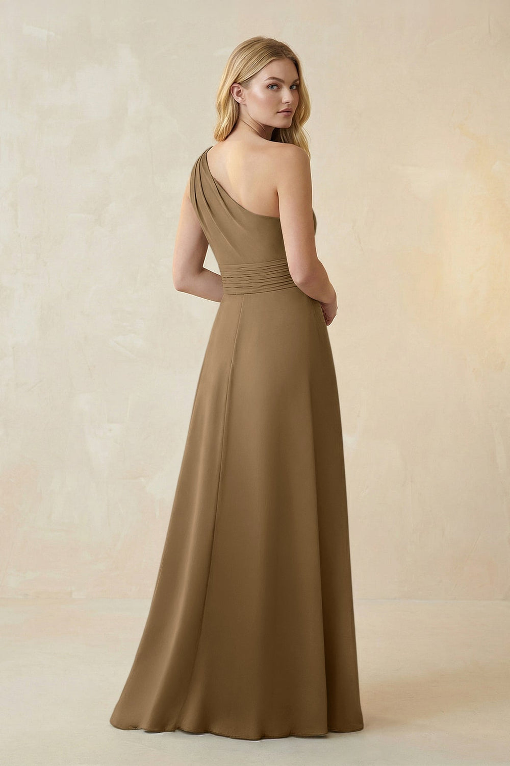 One - Shoulder Ruched A - Line Satin Bridesmaid Dress in Apple Cinnamon - KISS BRIDAL Bridesmaid Dresses