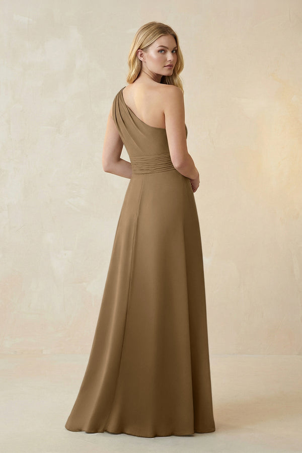 One - Shoulder Ruched A - Line Satin Bridesmaid Dress in Apple Cinnamon - KISS BRIDAL Bridesmaid Dresses