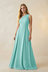 One - Shoulder Ruched A - Line Satin Bridesmaid Dress in Aqua - KISS BRIDAL Bridesmaid Dresses