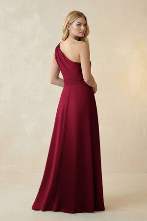 One - Shoulder Ruched A - Line Satin Bridesmaid Dress in Berry - KISS BRIDAL Bridesmaid Dresses