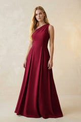 One - Shoulder Ruched A - Line Satin Bridesmaid Dress in Berry - KISS BRIDAL Bridesmaid Dresses