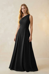 One - Shoulder Ruched A - Line Satin Bridesmaid Dress in Black - KISS BRIDAL Bridesmaid Dresses